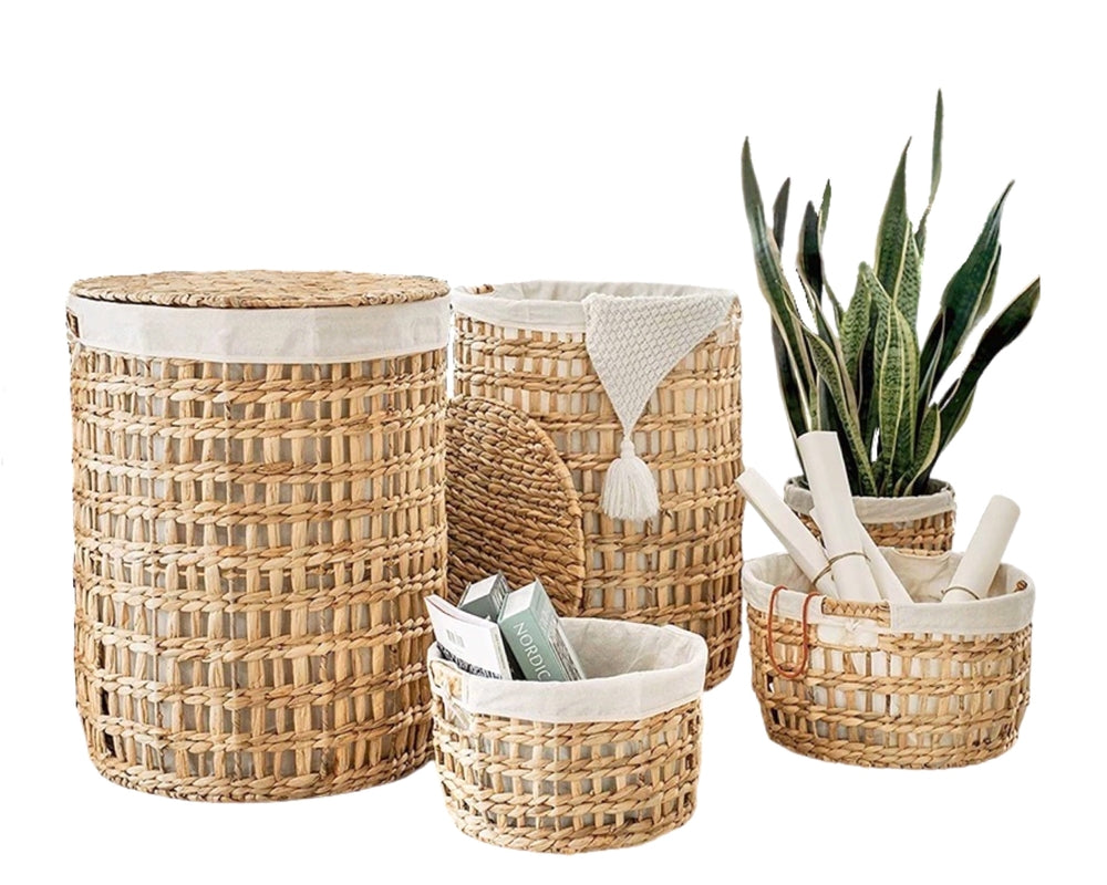 Set 5 Water Hyacinth Round Laundry Basket 60cm