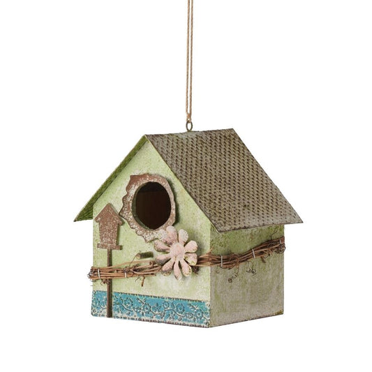 Hanging Birdhouse W Pink Flower 21cm