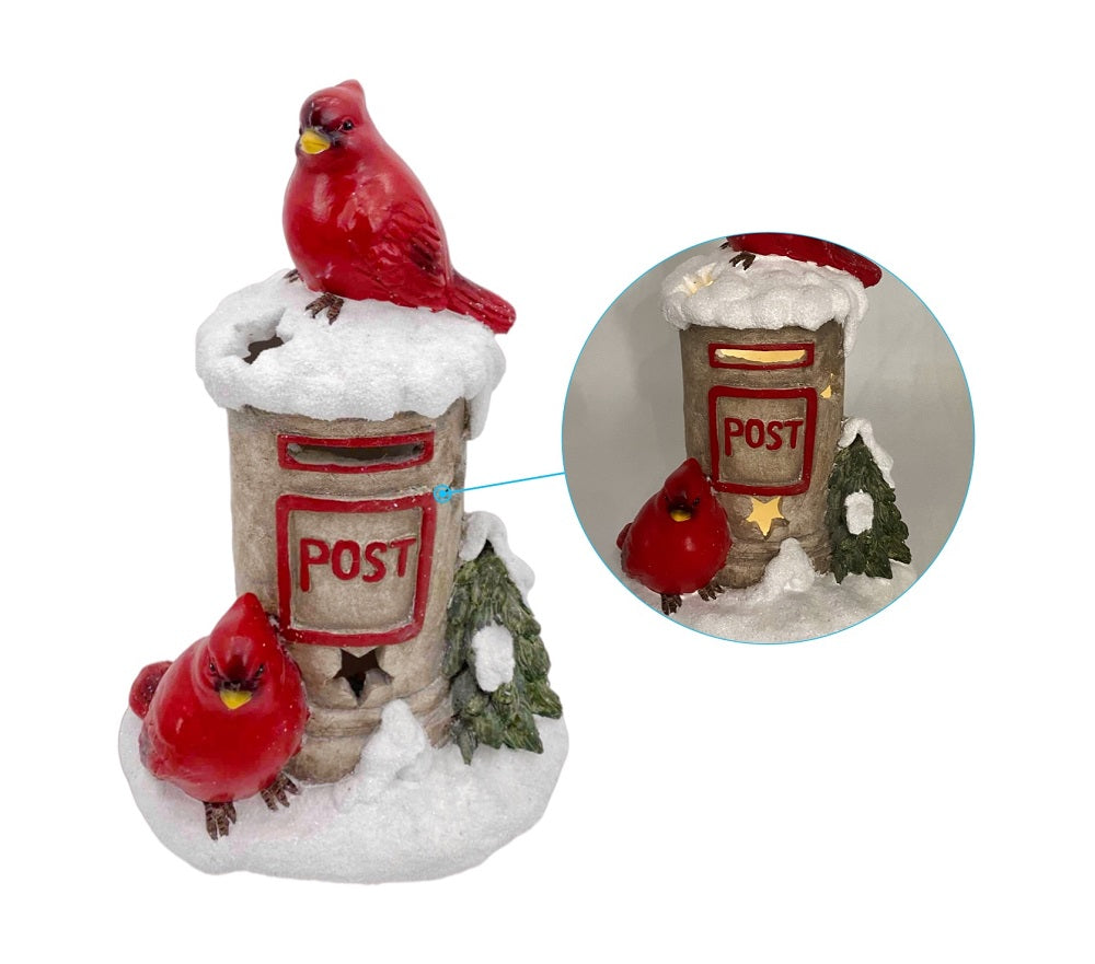bulk 2 Xmas Red Bird On Mailbox w/ Led Light 34cm