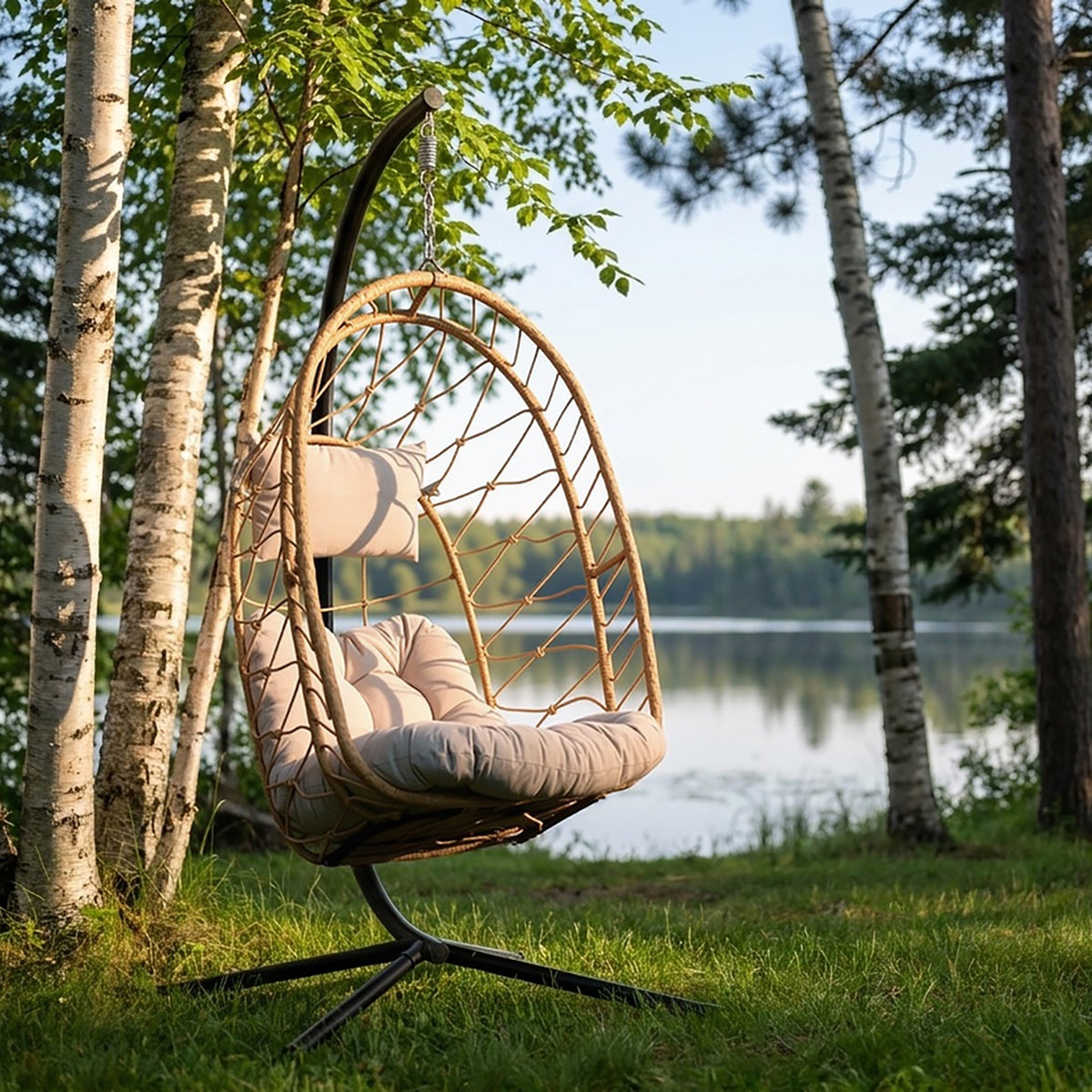 Vivere Deluxe Nest Chair with Phifer Geobella Cushion & Steel Stand - Cappuccino