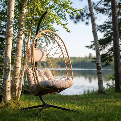 Vivere Deluxe Nest Chair with Phifer Geobella Cushion & Steel Stand - Cappuccino