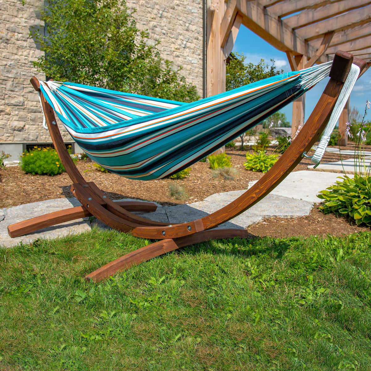 Vivere Double Sunbrella Hammock with Solid Pine Stand (260cm) - Token Surfside
