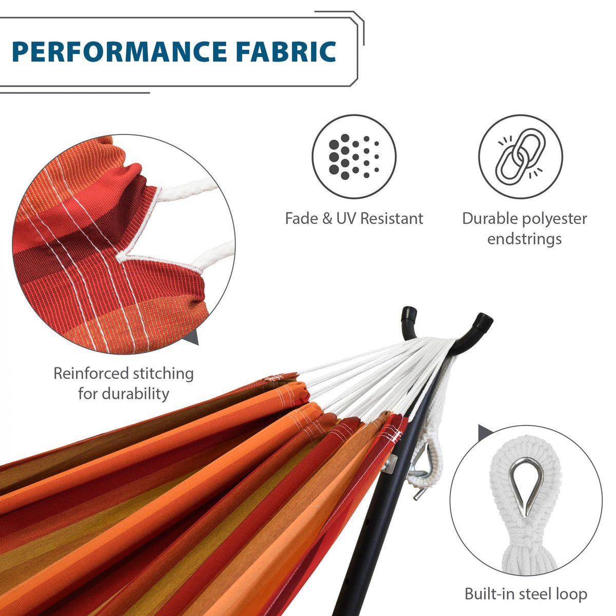 Vivere Double Sunbrella Hammock with Solid Pine Stand (260cm) - Sunset
