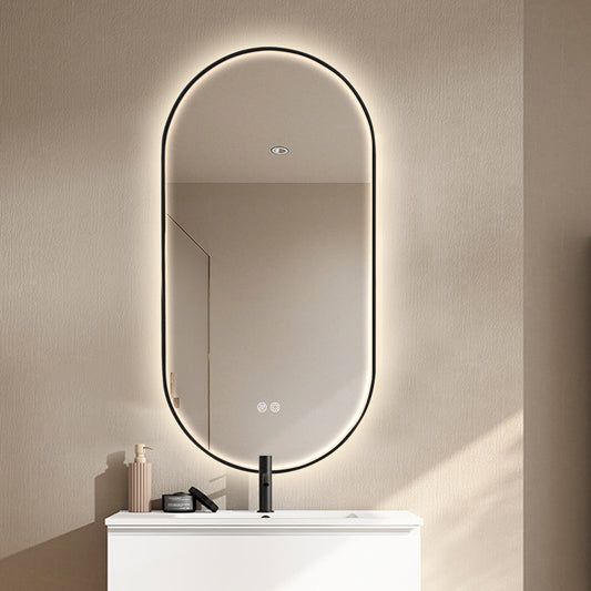 Oval LED Bathroom Mirror 50cm x 100cm Frontlit Black Frame Defogger Dimmable