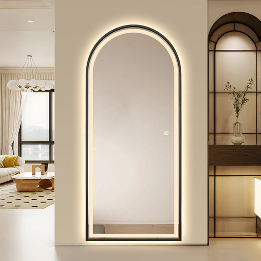 Full Length Arched LED Mirror 180cm x 80cm Freestanding Wall Mounted Black Frame Dimmable