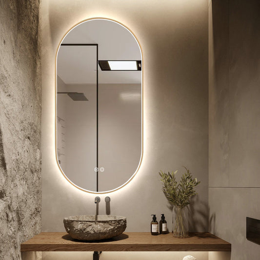 Oval LED Bathroom Mirror 50cm x 100cm Frontlit Gold Frame Defogger Dimmable
