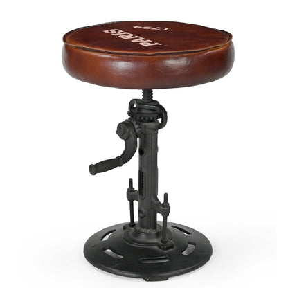 Alistair Cast Iron Wind Up Stool Leather Top 51cm