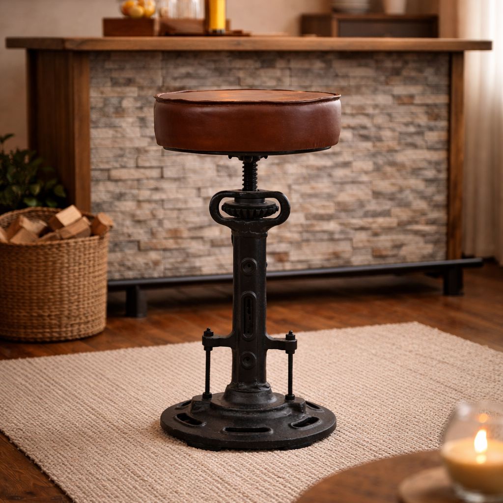 Alistair Cast Iron Wind Up Stool Leather Top 51cm