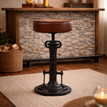 Alistair Cast Iron Wind Up Stool Leather Top 51cm