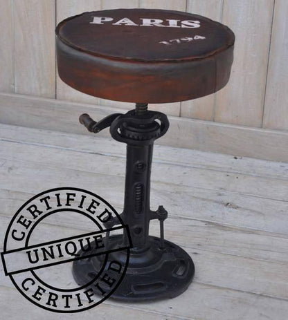Alistair Cast Iron Wind Up Stool Leather Top 51cm