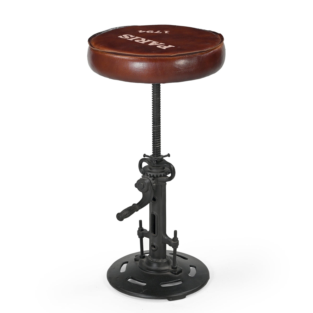 Alistair Cast Iron Wind Up Stool Leather Top 51cm
