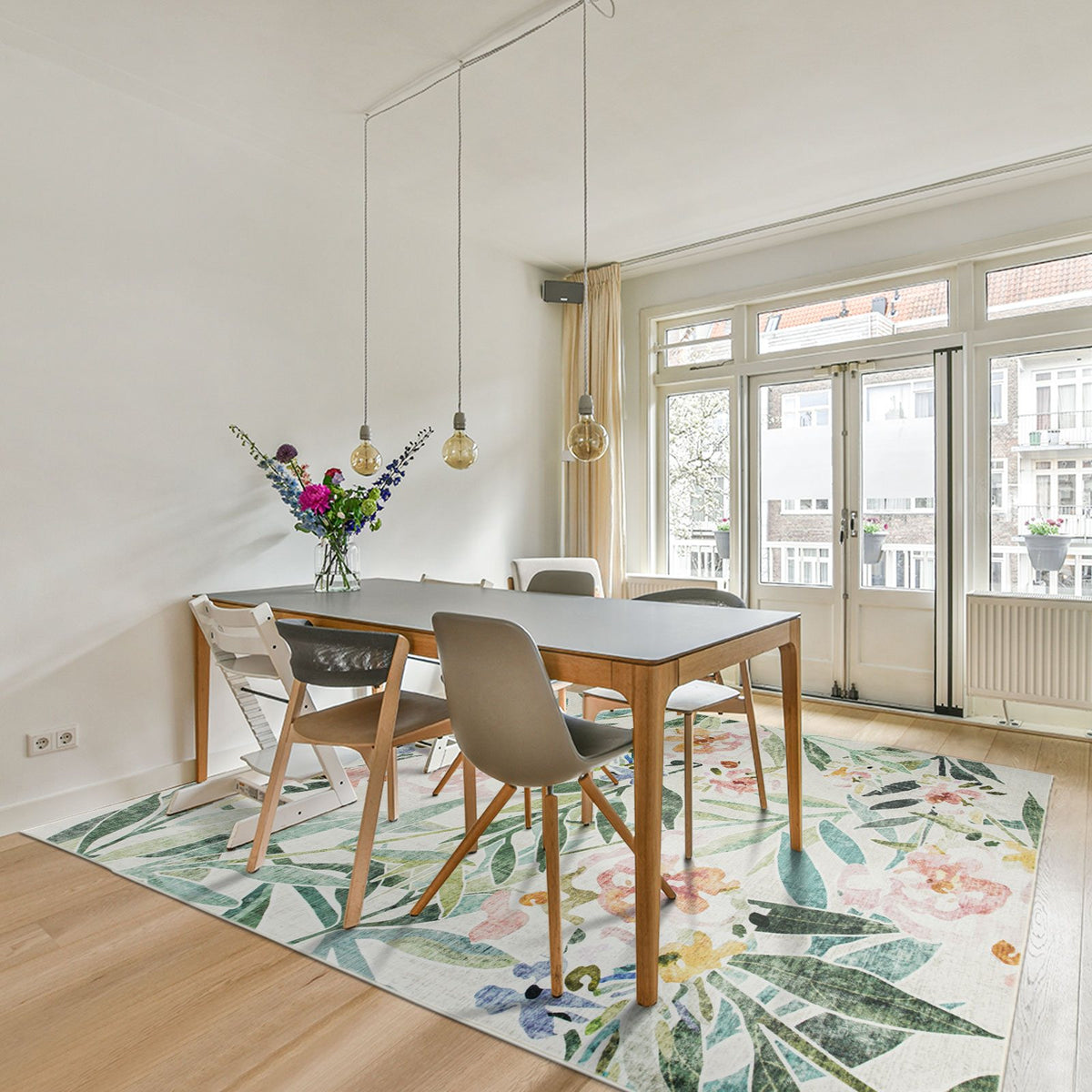 Arcadia Tropical Floral Washable Rug - Green & Pink