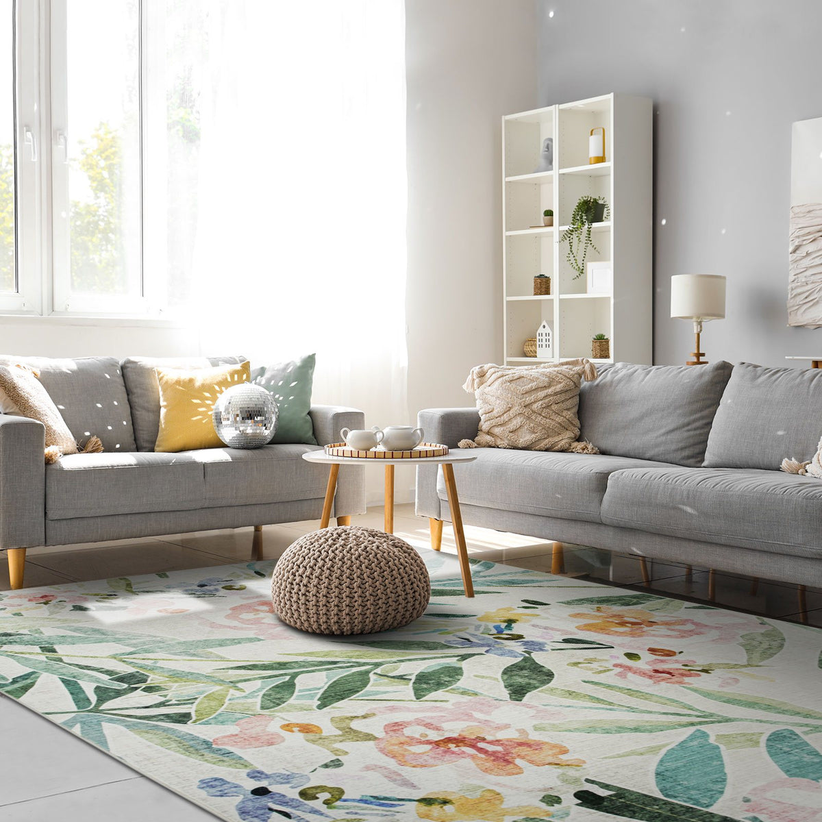 Arcadia Tropical Floral Washable Rug - Green & Pink