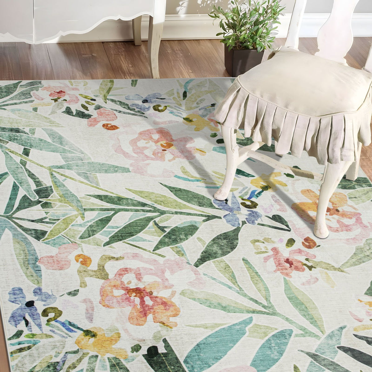 Arcadia Tropical Floral Washable Rug - Green & Pink