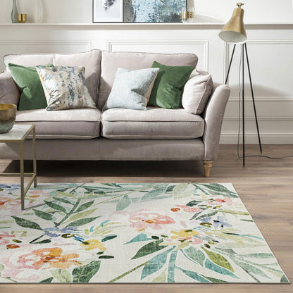 Arcadia Tropical Floral Washable Rug - Green & Pink