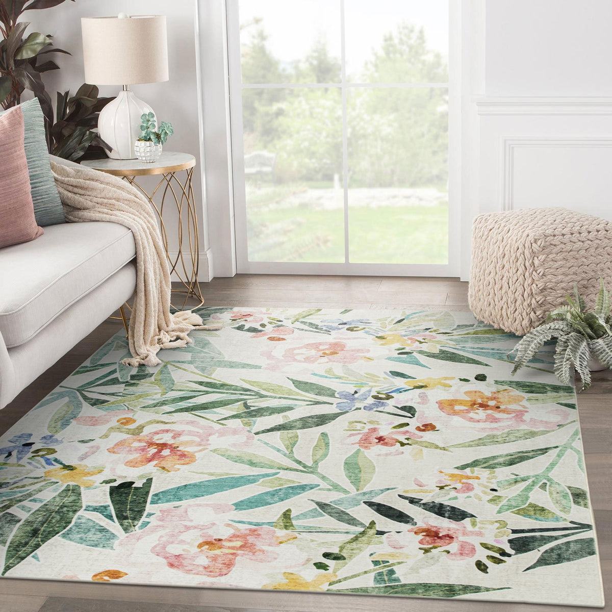 Arcadia Tropical Floral Washable Rug - Green & Pink