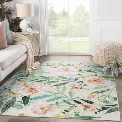 Arcadia Tropical Floral Washable Rug - Green & Pink