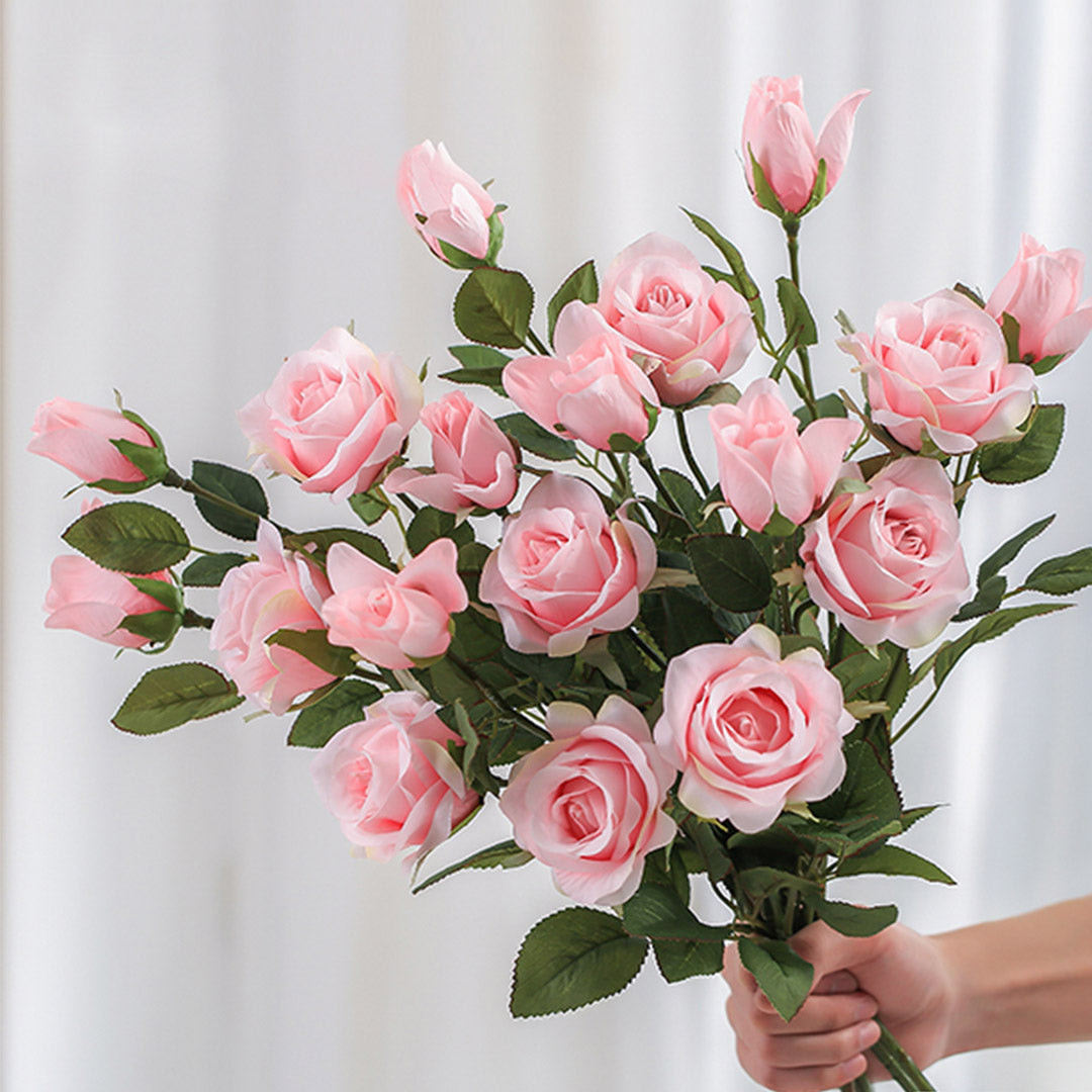 Bulk 8 Artificial Silk Rose Bunch 5 Heads Light Pink
