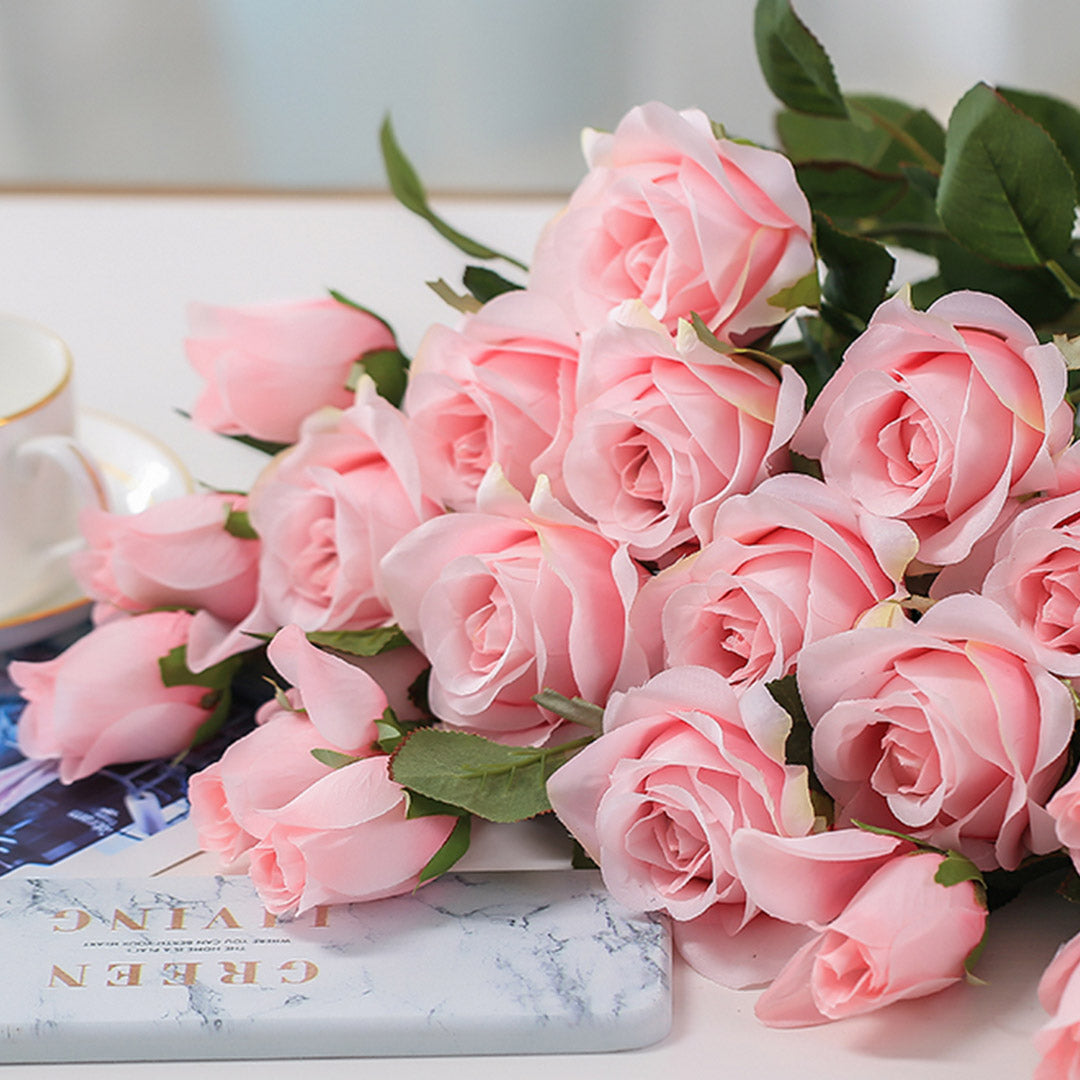 Bulk 8 Artificial Silk Rose Bunch 5 Heads Light Pink