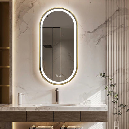 Gold Oval LED Bathroom 130cm x 70cm Frosted Edge Defogger Dimmable Wall Mirror