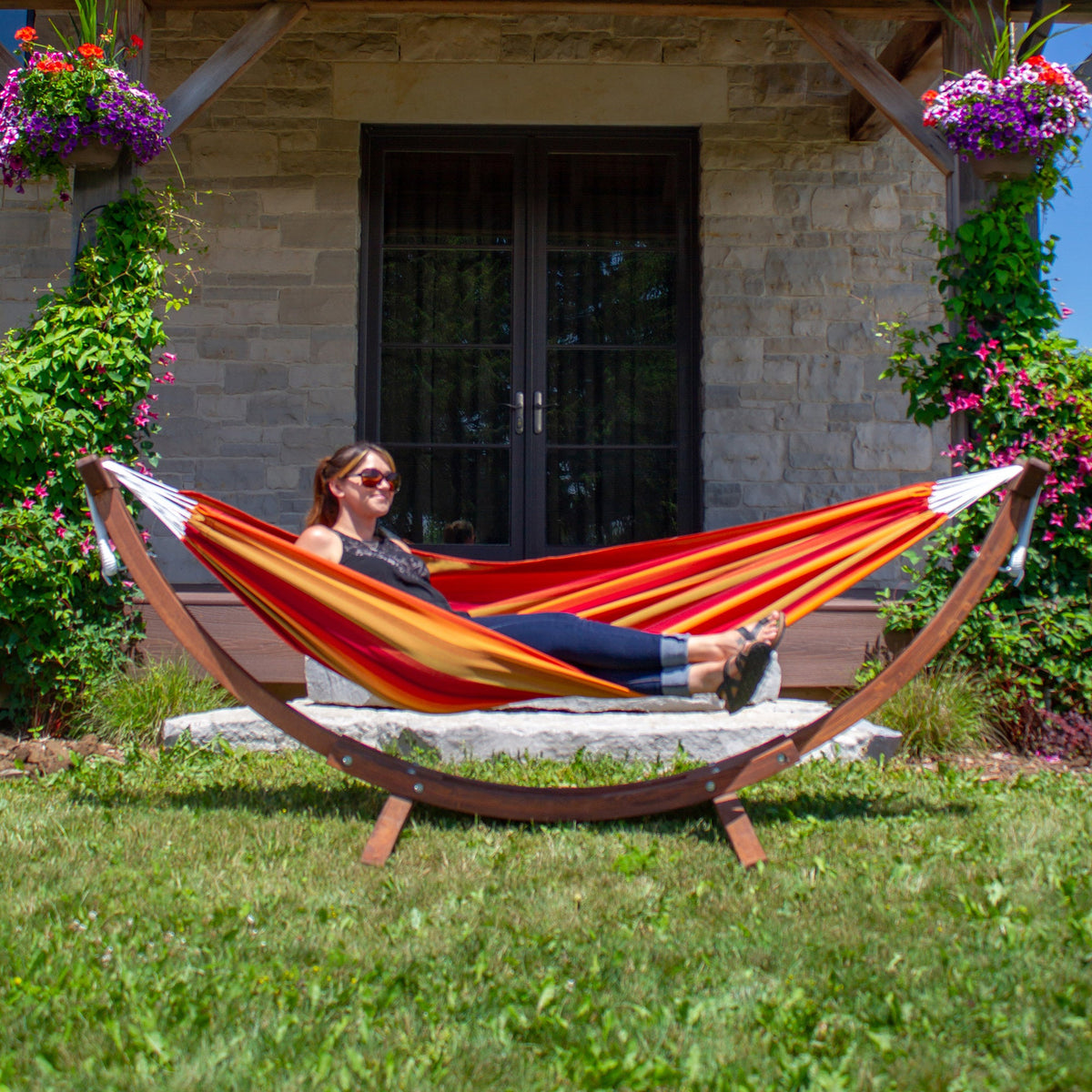 Vivere Double Sunbrella Hammock with Solid Pine Stand (260cm) - Sunset