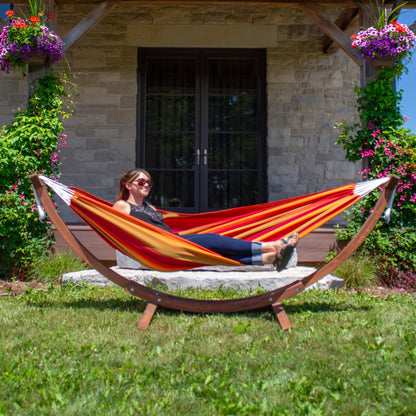 Vivere Double Sunbrella Hammock with Solid Pine Stand (260cm) - Sunset