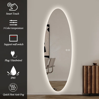 Modern Oval Glow LED Mirror 50cm × 150cm Frameless Tricolour Dimmable Wall Mounted Mirror
