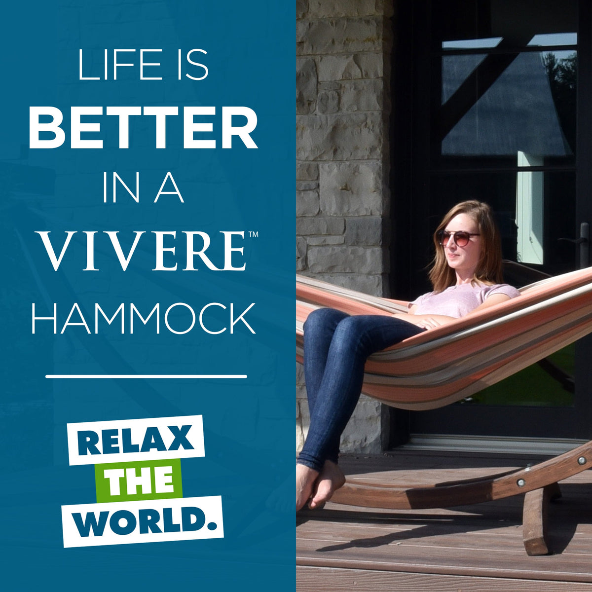 Vivere Double Sunbrella Hammock with Solid Pine Stand (260cm) - Cameo