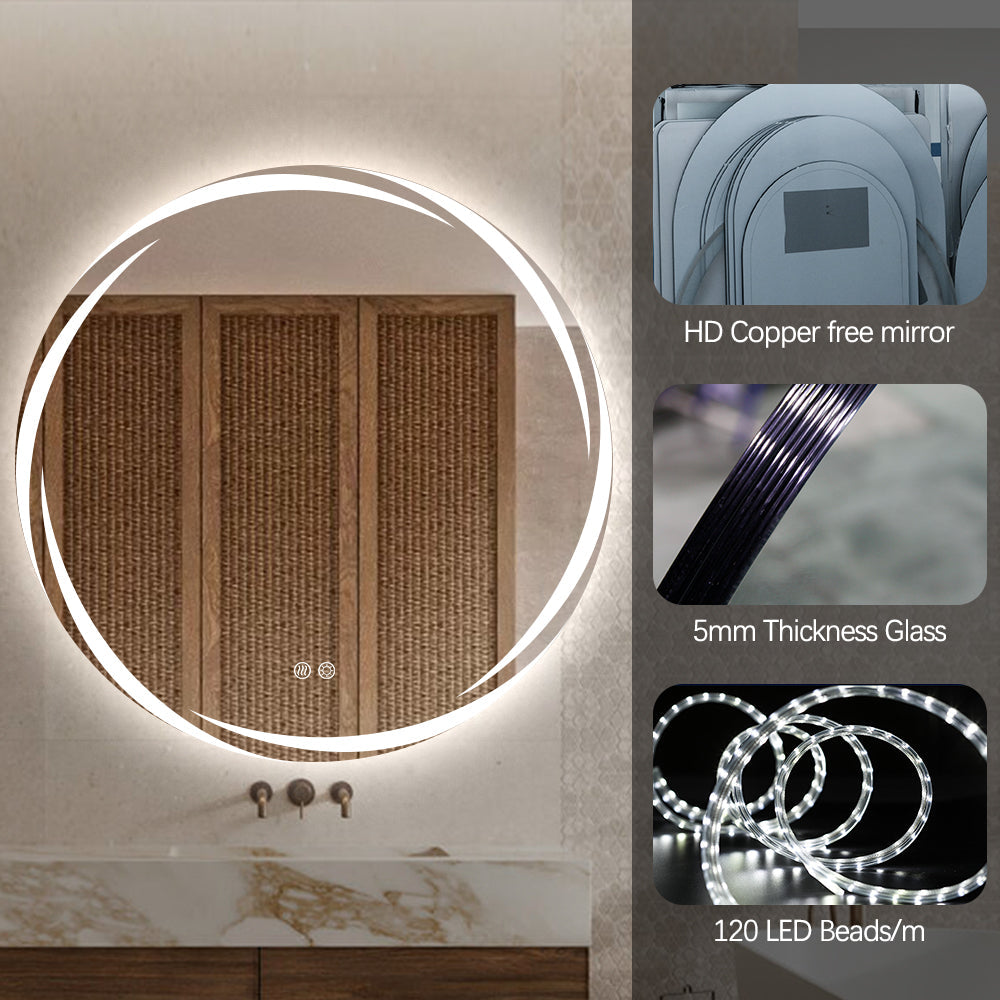 Round LED Bathroom Mirror 80cm Frameless Whirlwind Frosted Defogger Dimmable Vanity Wall Mirror