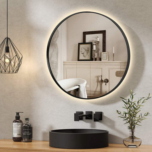 Round LED Mirror 80cm Black Framed Backlit Defogger Dimmable