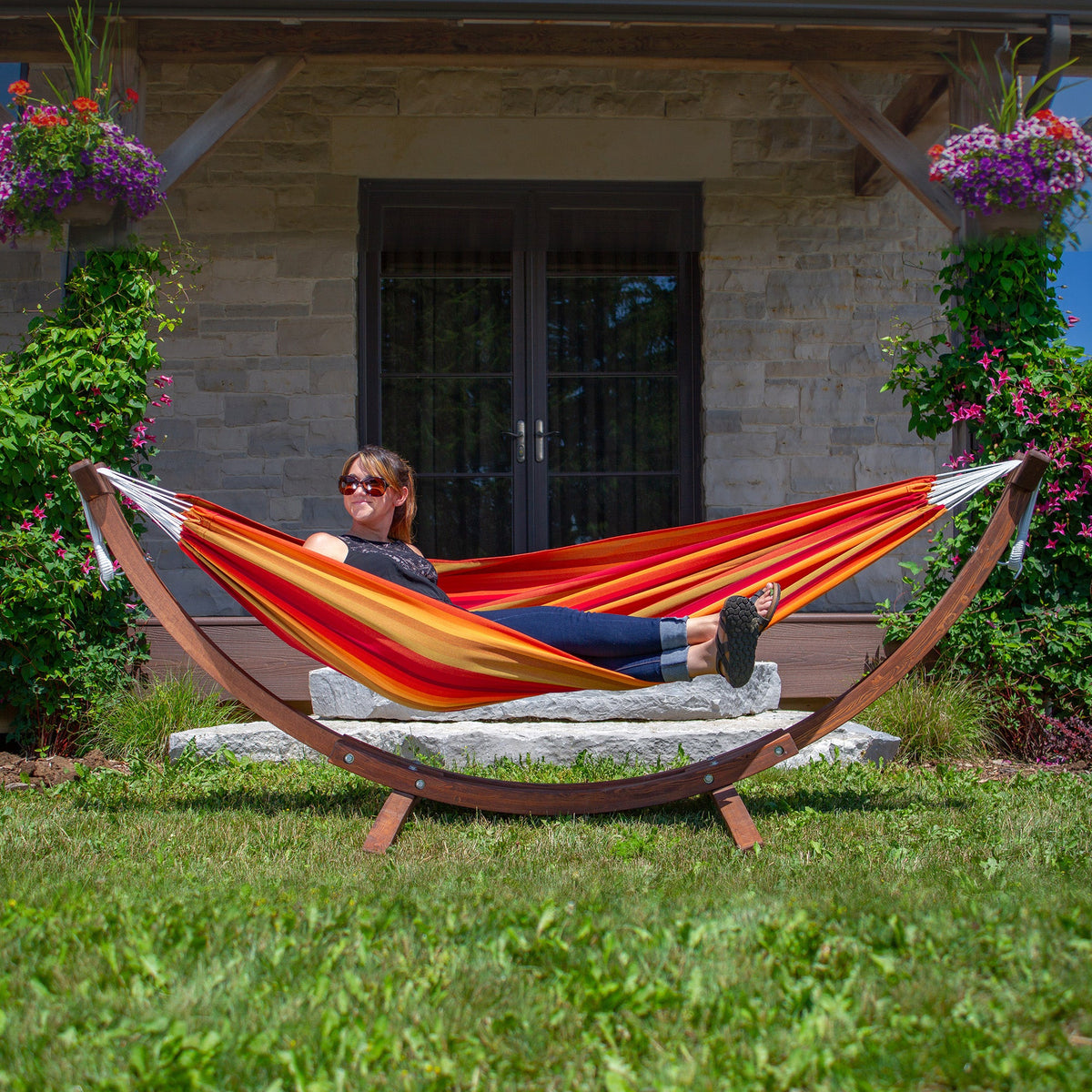 Vivere Double Sunbrella Hammock with Solid Pine Stand (260cm) - Sunset