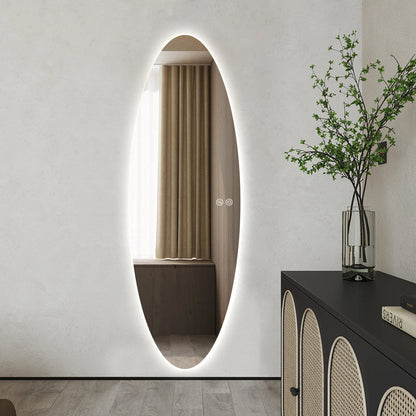 Modern Oval Glow LED Mirror 50cm × 150cm Frameless Tricolour Dimmable Wall Mounted Mirror