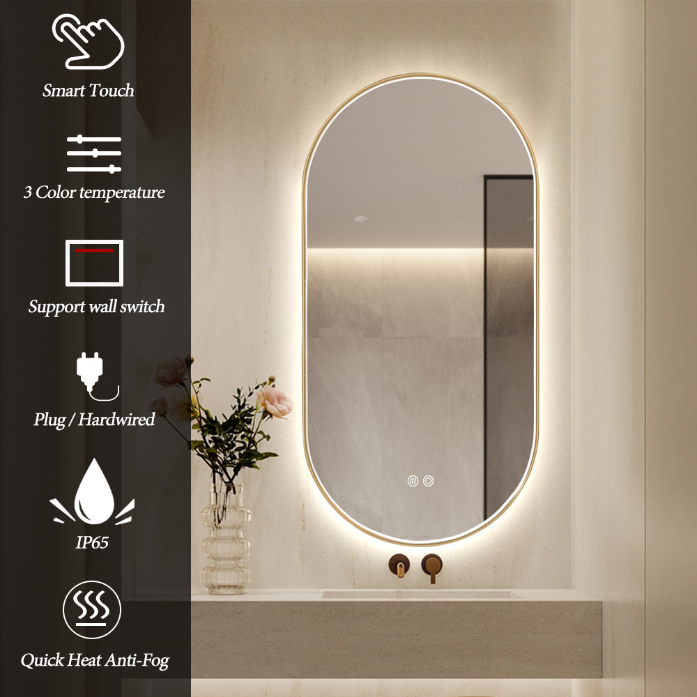 Oval LED Bathroom Mirror 50cm x 100cm Frontlit Gold Frame Defogger Dimmable