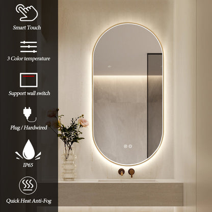 Oval LED Bathroom Mirror 50cm x 100cm Frontlit Gold Frame Defogger Dimmable