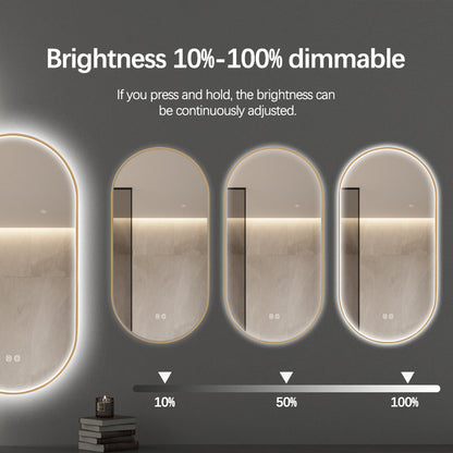 Oval LED Bathroom Mirror 50cm x 100cm Frontlit Gold Frame Defogger Dimmable