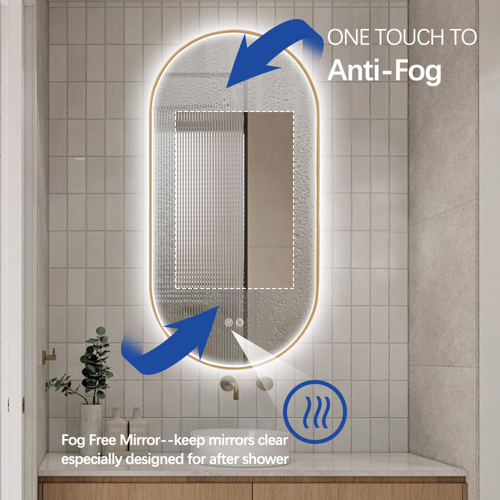 Oval LED Bathroom Mirror 50cm x 100cm Frontlit Gold Frame Defogger Dimmable
