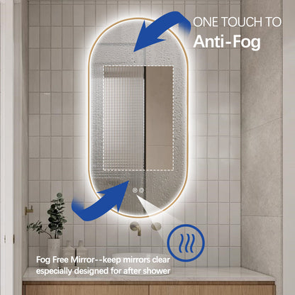 Oval LED Bathroom Mirror 50cm x 100cm Frontlit Gold Frame Defogger Dimmable