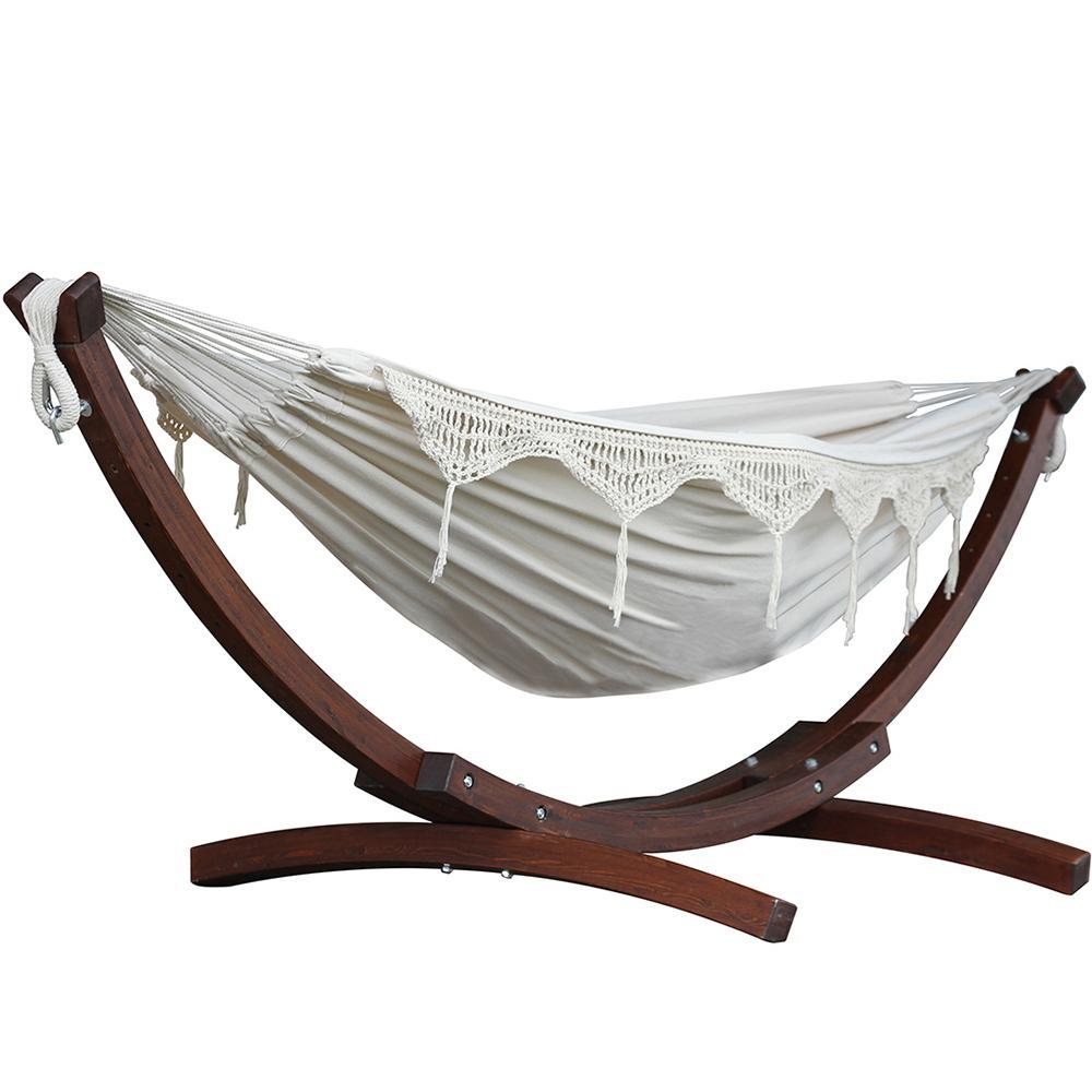 Vivere Double Cotton Hammock with Solid Pine Stand (260cm) - Natural with Fringe
