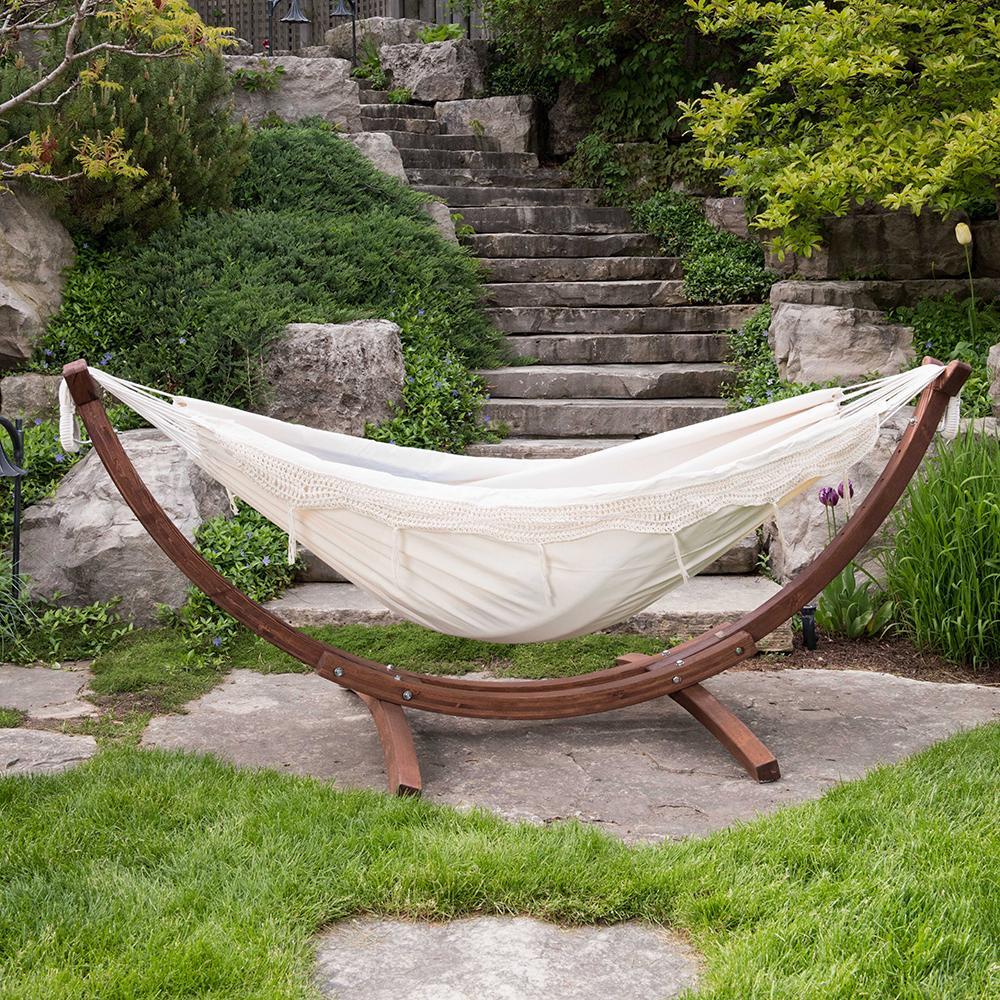 Vivere Double Cotton Hammock with Solid Pine Stand (260cm) - Natural with Fringe