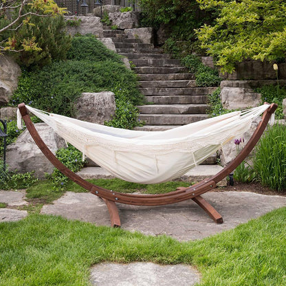 Vivere Double Cotton Hammock with Solid Pine Stand (260cm) - Natural with Fringe