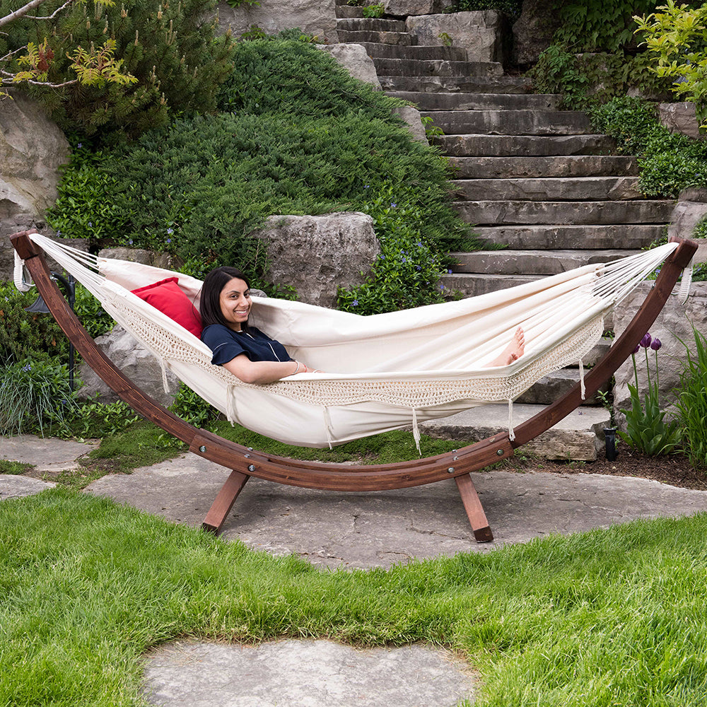 Vivere Double Cotton Hammock with Solid Pine Stand (260cm) - Natural with Fringe