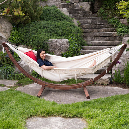Vivere Double Cotton Hammock with Solid Pine Stand (260cm) - Natural with Fringe