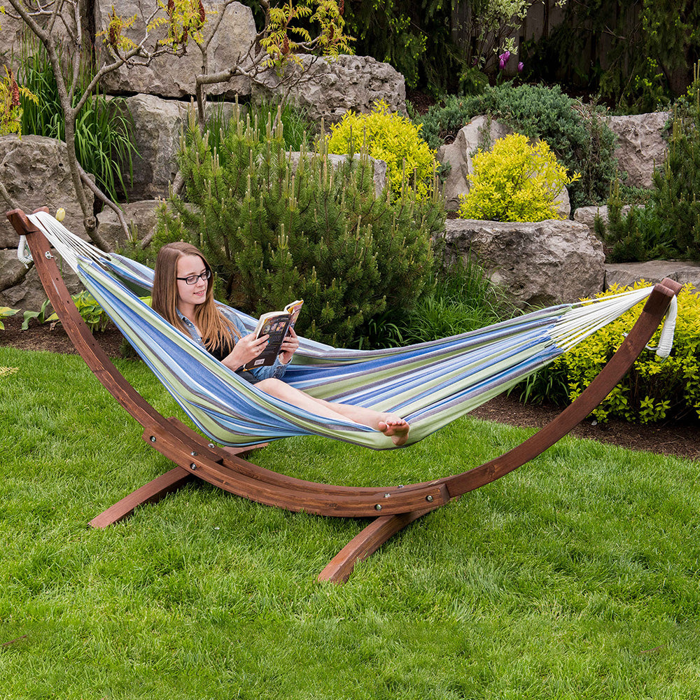 Vivere Double Cotton Hammock with Solid Pine Stand (260cm) - Oasis