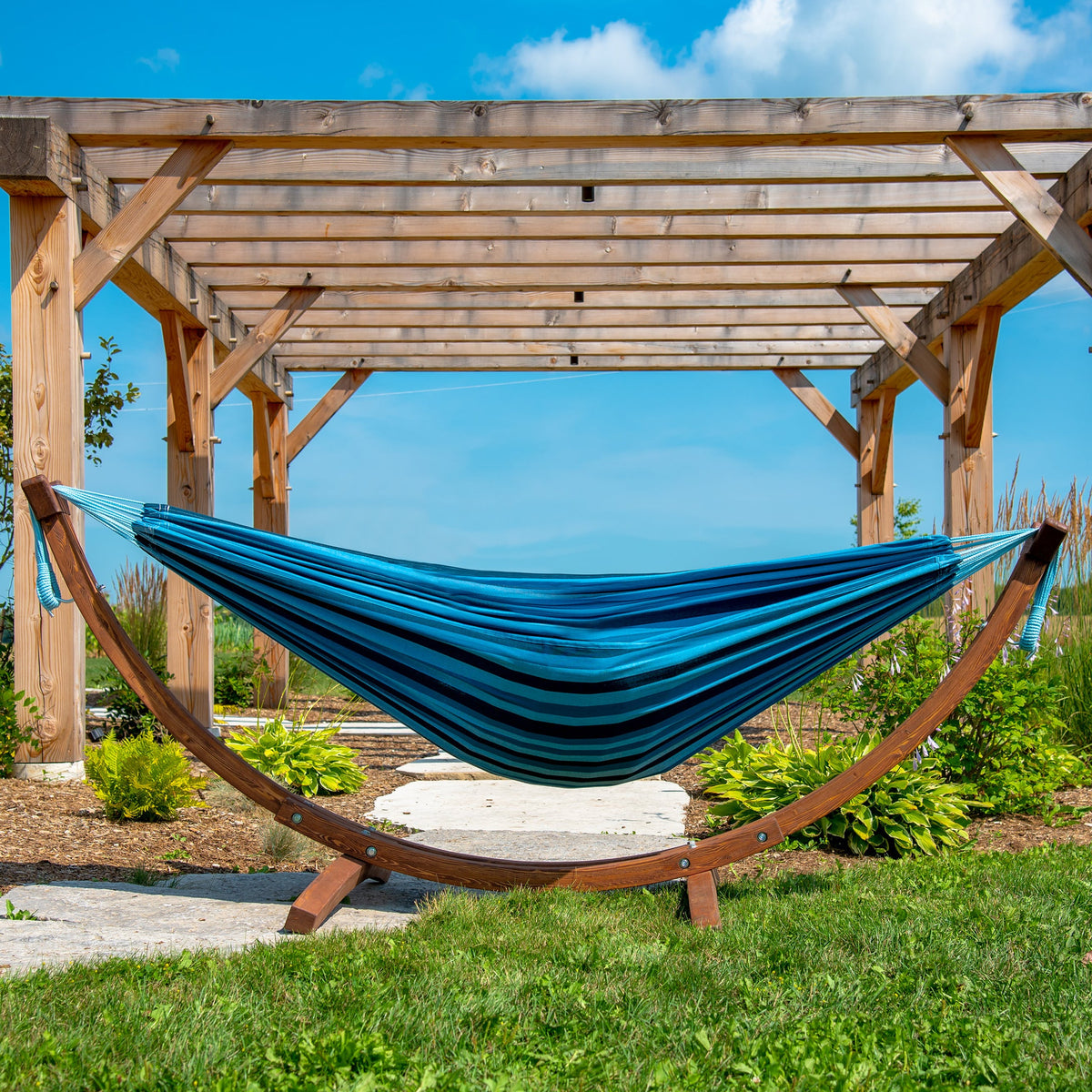 Vivere Double Cotton Hammock with Solid Pine Stand (260cm) - Blue Lagoon