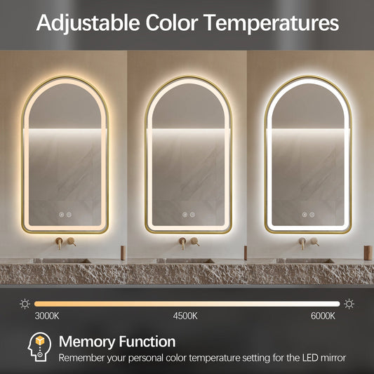 Arched LED Gold Frame Wall Mirror 90cm x 50cm Frosted Defogger Dimmable Vanity