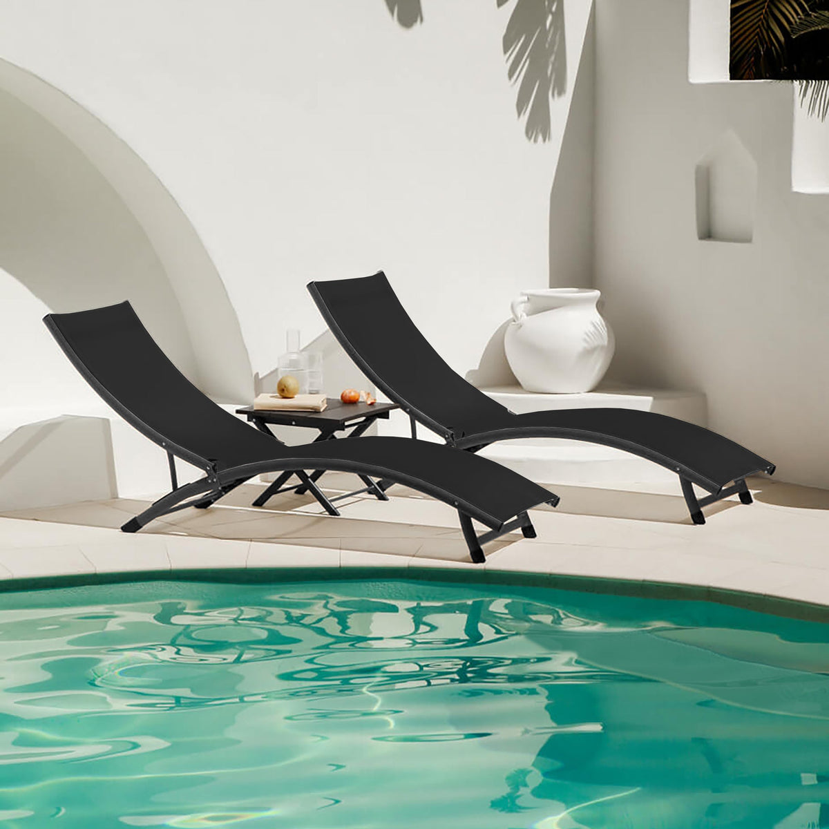 Vivere Coral Springs Phifer & Aluminum Pool Lounger Set (3pc) - Charcoal Black