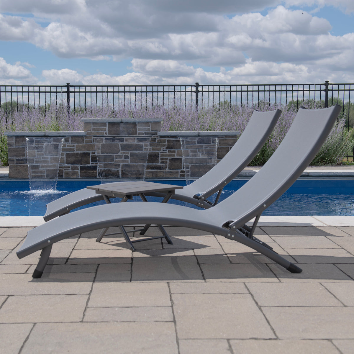 Vivere Coral Springs Phifer & Aluminum Outdoor Pool Lounger Set (3pc) - Grey on Matte Black