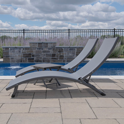 Vivere Coral Springs Phifer & Aluminum Outdoor Pool Lounger Set (3pc) - Grey on Matte Black
