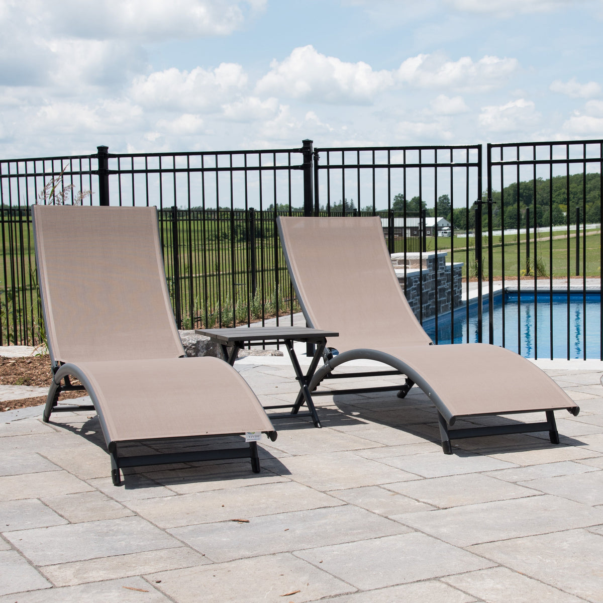 Vivere Coral Springs Phifer & Aluminum Outdoor Pool Lounger Set (3pc) - Macchiato