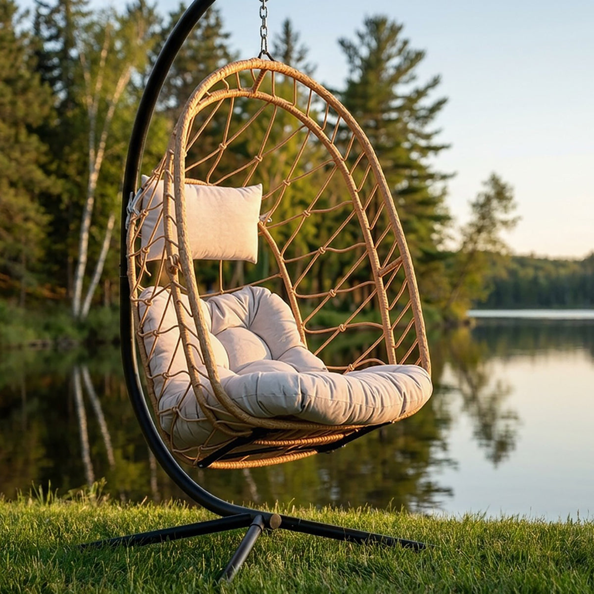 Vivere Deluxe Nest Chair with Phifer Geobella Cushion & Steel Stand - Cappuccino